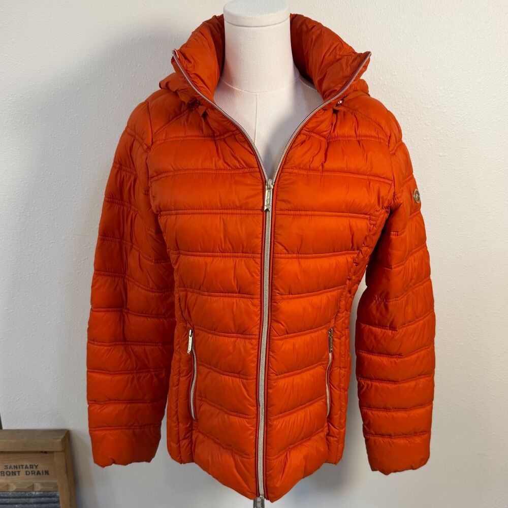 Michael Kors Women M Orange Packable Down Puffer Jacket Hooded Lightweight